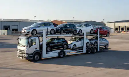 Car transporter loaded with vehicles in Abingdon-on-Thames, Oxfordshire, United Kingdom