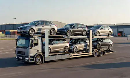 Car transporter loaded with vehicles in Banbury, Oxfordshire, United Kingdom