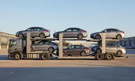 Car transporter parked in an industrial area of Oxford, Oxfordshire, United Kingdom