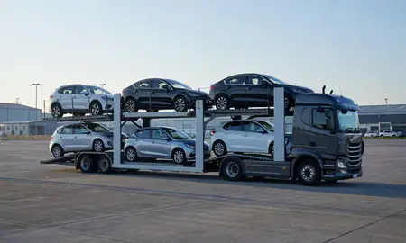 Car transporter loaded with vehicles in Oxford, Oxfordshire, United Kingdom