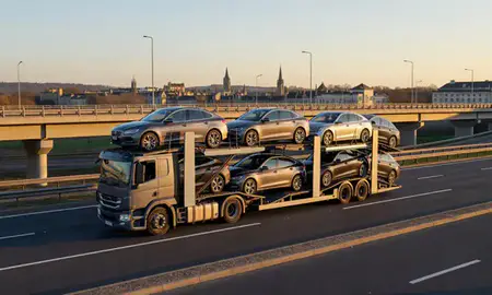 Car transporter with the Oxford, Oxfordshire, United Kingdom skyline behind it