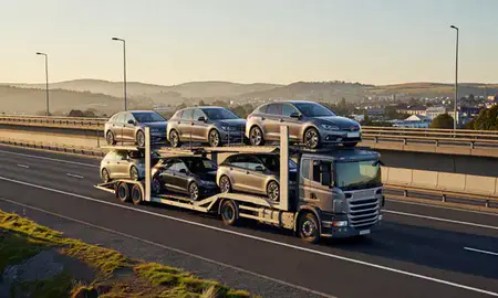 Car transporter with the Perth and Kinross, United Kingdom skyline behind it