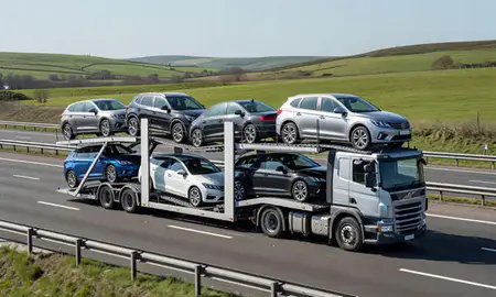 Multi-level car carrier on the motorway to Perth, Perth and Kinross, United Kingdom