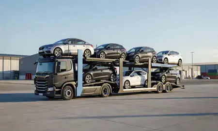 Car transporter loaded with vehicles in Perth, Perth and Kinross, United Kingdom