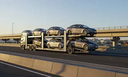 Car transporter with the Perth, Perth and Kinross, United Kingdom skyline behind it