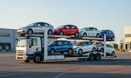 Car transporter loaded with vehicles in Renfrewshire, United Kingdom