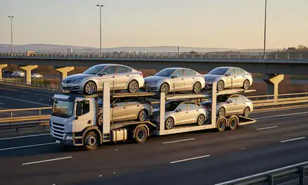 Car transporter with the Renfrewshire, United Kingdom skyline behind it