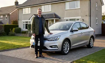 Customer with their delivered car in Paisley, Renfrewshire, United Kingdom