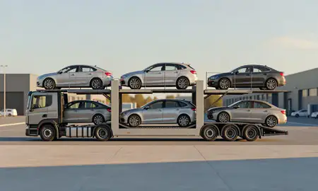 Car transporter parked in an industrial area of Paisley, Renfrewshire, United Kingdom