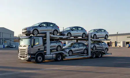 Car transporter loaded with vehicles in Paisley, Renfrewshire, United Kingdom