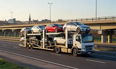 Car transporter with the Paisley, Renfrewshire, United Kingdom skyline behind it