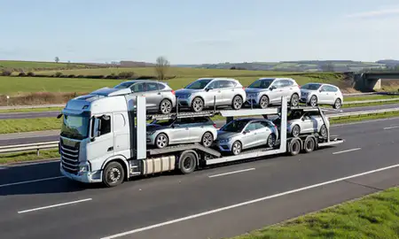 Multi-level car carrier on the motorway to Shropshire, United Kingdom