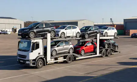 Car transporter loaded with vehicles in Shropshire, United Kingdom