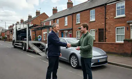 Vehicle owner beside their delivered car in Shrewsbury, Shropshire, United Kingdom