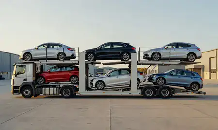 Car transporter parked in an industrial area of Shrewsbury, Shropshire, United Kingdom