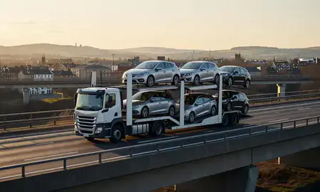 Car transporter with the Shrewsbury, Shropshire, United Kingdom skyline behind it