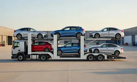 Car transporter parked in an industrial area of Telford, Shropshire, United Kingdom