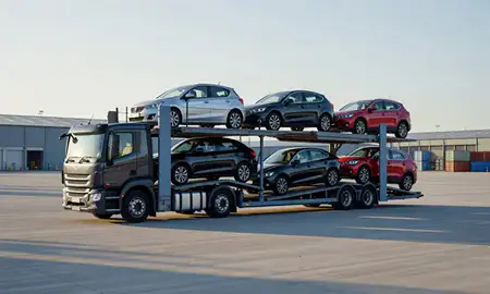 Car transporter loaded with vehicles in Telford, Shropshire, United Kingdom