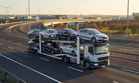 Car transporter with the Telford, Shropshire, United Kingdom skyline behind it