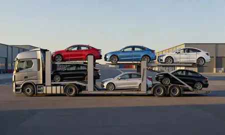 Car transporter parked in an industrial area of Somerset, United Kingdom