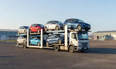 Car transporter loaded with vehicles in Somerset, United Kingdom