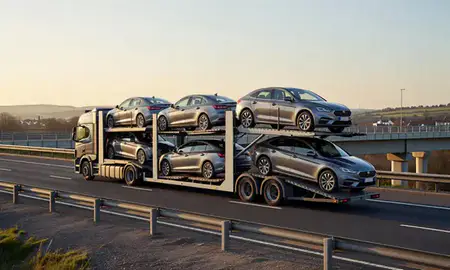 Car transporter with the Somerset, United Kingdom skyline behind it