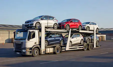 Car transporter loaded with vehicles in Bath, Somerset, United Kingdom