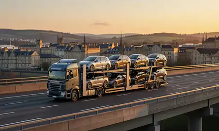 Car transporter with the Bath, Somerset, United Kingdom skyline behind it