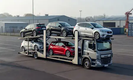 Car transporter loaded with vehicles in Bridgwater, Somerset, United Kingdom