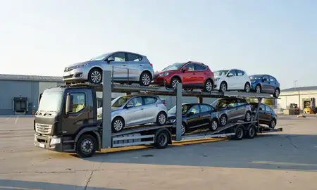 Car transporter loaded with vehicles in Taunton, Somerset, United Kingdom