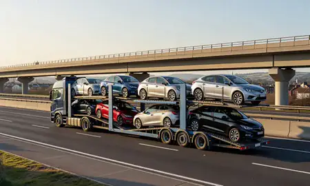 Car transporter with the Taunton, Somerset, United Kingdom skyline behind it