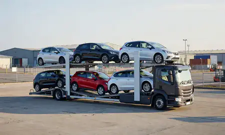 Car transporter loaded with vehicles in Weston-super-Mare, Somerset, United Kingdom