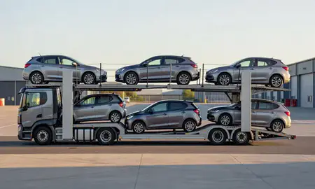 Car transporter parked in an industrial area of Yeovil, Somerset, United Kingdom