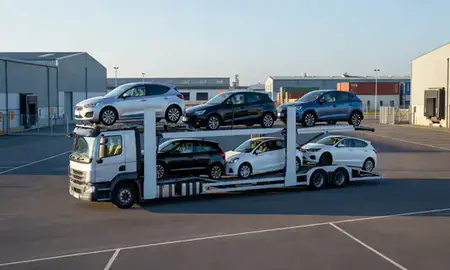Car transporter loaded with vehicles in Yeovil, Somerset, United Kingdom