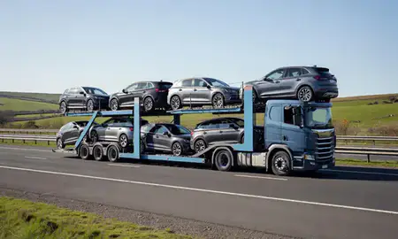 Multi-level car carrier on the motorway to South Ayrshire, United Kingdom