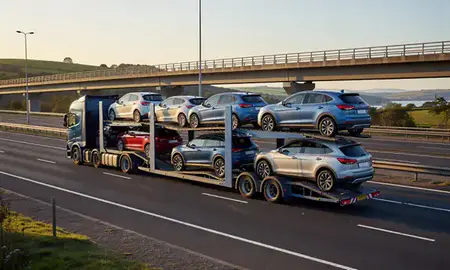 Car transporter with the South Ayrshire, United Kingdom skyline behind it