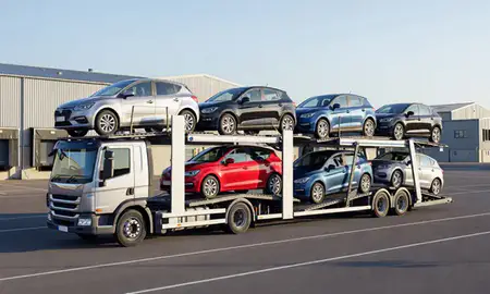 Car transporter loaded with vehicles in Ayr, South Ayrshire, United Kingdom