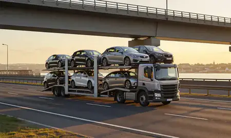 Car transporter with the Ayr, South Ayrshire, United Kingdom skyline behind it