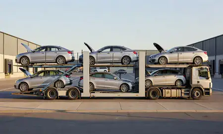 Car transporter parked in an industrial area of South Glamorgan, United Kingdom