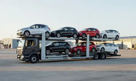 Car transporter loaded with vehicles in South Glamorgan, United Kingdom
