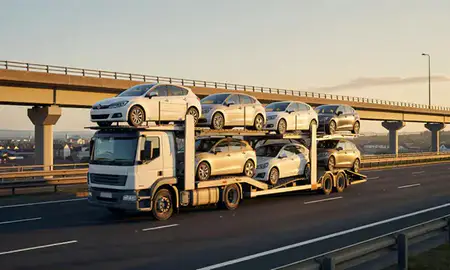 Car transporter with the South Glamorgan, United Kingdom skyline behind it