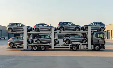 Car transporter parked in an industrial area of Barry, South Glamorgan, United Kingdom