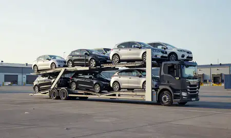 Car transporter loaded with vehicles in Barry, South Glamorgan, United Kingdom