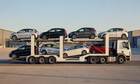Car transporter parked in an industrial area of Cardiff, South Glamorgan, United Kingdom