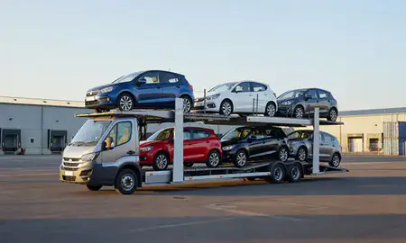 Car transporter loaded with vehicles in Cardiff, South Glamorgan, United Kingdom