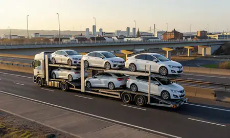 Car transporter with the Cardiff, South Glamorgan, United Kingdom skyline behind it