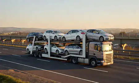 Car transporter with the South Lanarkshire, United Kingdom skyline behind it
