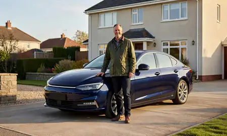 Customer with their delivered car in East Kilbride, South Lanarkshire, United Kingdom