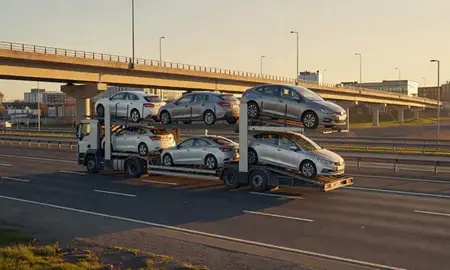 Car transporter with the East Kilbride, South Lanarkshire, United Kingdom skyline behind it