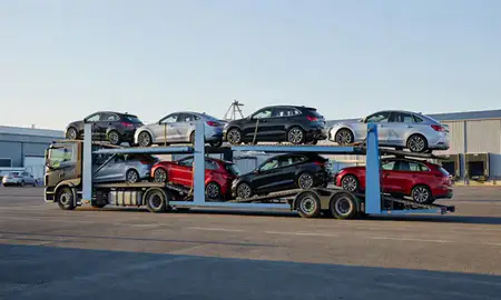 Car transporter loaded with vehicles in Hamilton, South Lanarkshire, United Kingdom